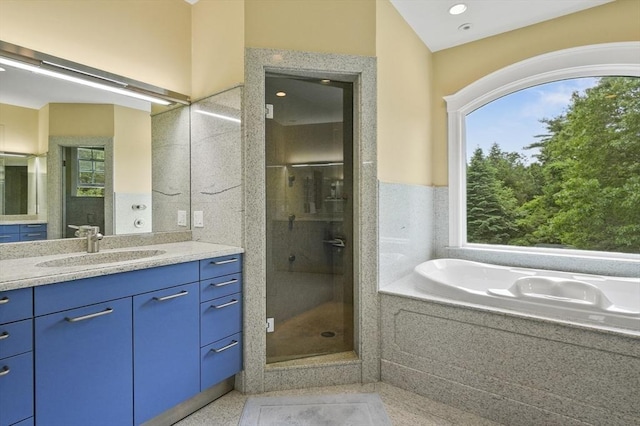 2 Azalea Way, Boxford, MA 01921 - bathroom with vanity, a garden tub, a shower stall, and speckled floor