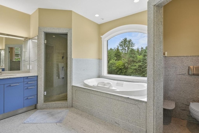 2 Azalea Way, Boxford, MA 01921 - bathroom featuring vanity, a stall shower, a garden tub, tile walls, and speckled floor