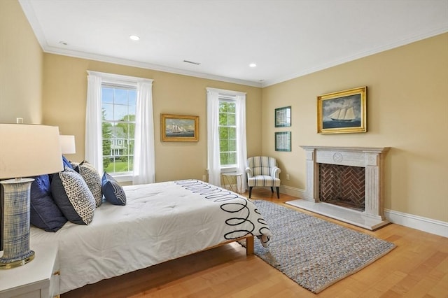2 Azalea Way, Boxford, MA 01921 - bedroom featuring crown molding, wood finished floors, a premium fireplace, and recessed lighting