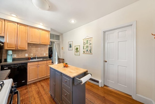 kitchen with a sink, wood finished floors, decorative backsplash, stove, and dishwasher