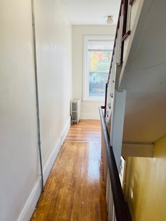 corridor with light hardwood / wood-style floors and radiator