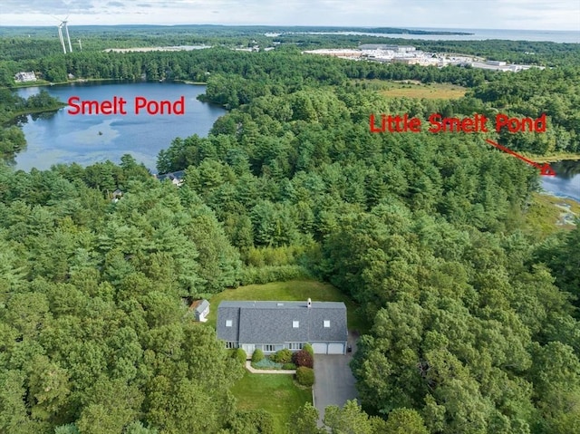 birds eye view of property with a forest view and a water view