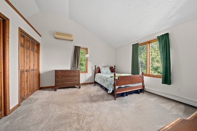 bedroom featuring vaulted ceiling, baseboard heating, light colored carpet, and a wall unit AC