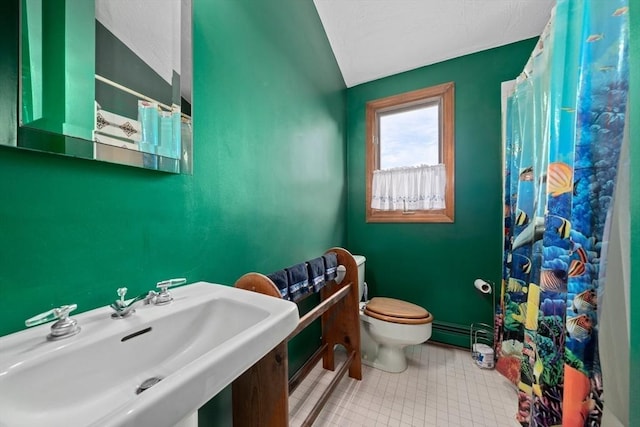 full bath featuring a sink, curtained shower, toilet, and vaulted ceiling