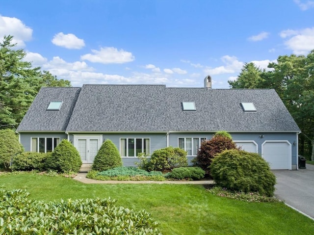 new england style home with aphalt driveway, an attached garage, a front lawn, and roof with shingles