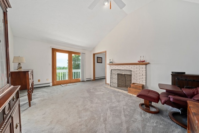 carpeted living room with ceiling fan, a baseboard heating unit, high vaulted ceiling, and a fireplace