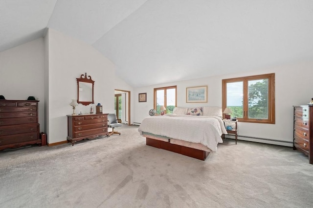 bedroom featuring a baseboard radiator, lofted ceiling, and carpet