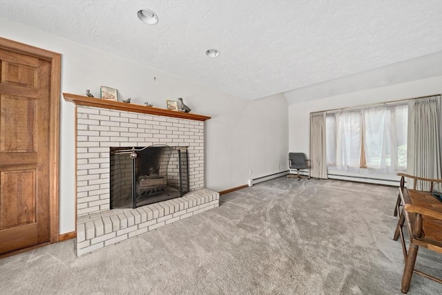 unfurnished living room featuring baseboards, carpet, a fireplace, and a textured ceiling