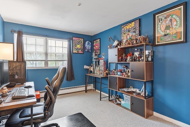 home office featuring carpet floors, baseboards, and baseboard heating