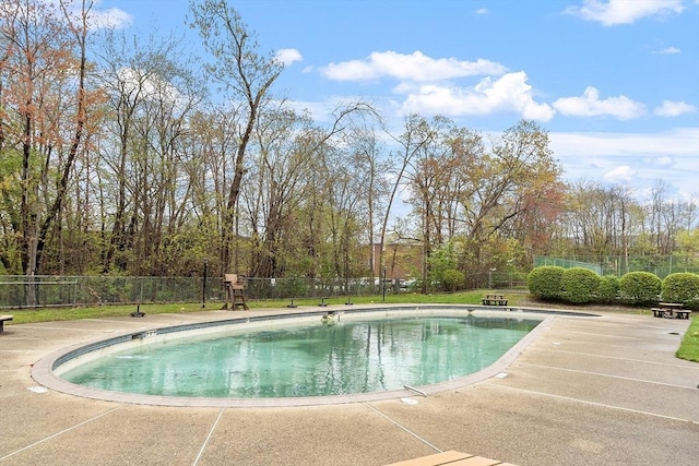 view of swimming pool featuring a patio, fence, and a fenced in pool