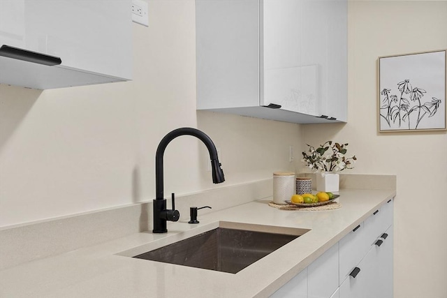 interior details with white cabinetry and sink