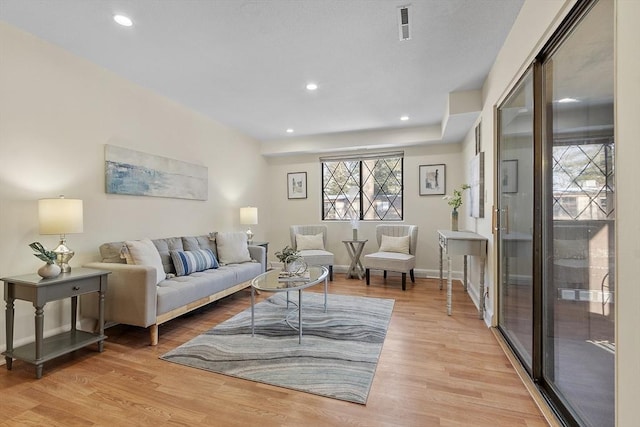 living room with light hardwood / wood-style flooring