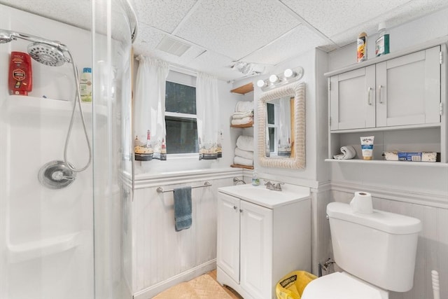 30 Stone St, Bellingham, MA 02019 - bathroom with a shower stall, a drop ceiling, and vanity