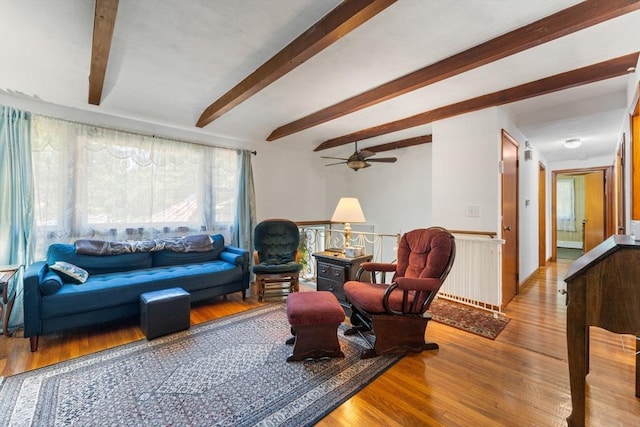 30 Stone St, Bellingham, MA 02019 - living area featuring wood finished floors, beam ceiling, and ceiling fan