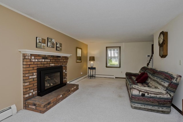 80 Vassar Rd, Agawam, MA 01030 - living room featuring a baseboard heating unit, carpet floors, a brick fireplace, and baseboard heating