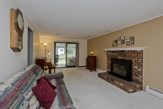 80 Vassar Rd, Agawam, MA 01030 - carpeted living room with a baseboard heating unit and a brick fireplace