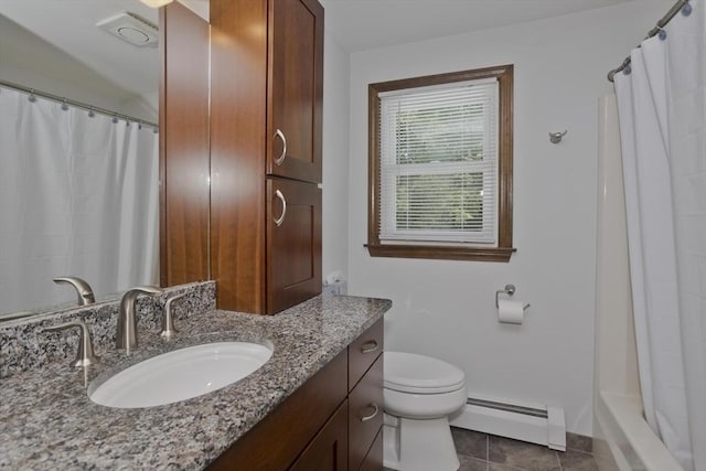80 Vassar Rd, Agawam, MA 01030 - full bath featuring baseboard heating, vanity, tile patterned flooring, and a shower with curtain