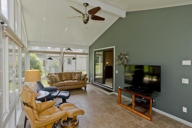 80 Vassar Rd, Agawam, MA 01030 - sunroom featuring beamed ceiling, high vaulted ceiling, and stone finish flooring