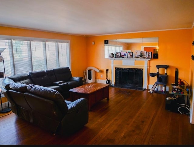 living room with crown molding and hardwood / wood-style flooring