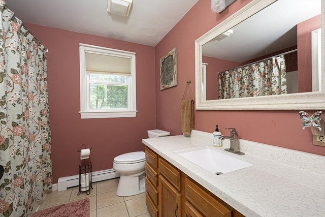 14 Robbins Rd, Ayer, MA 01432 - full bath featuring a baseboard heating unit, vanity, tile patterned floors, and curtained shower