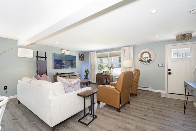 14 Robbins Rd, Ayer, MA 01432 - living room featuring light wood finished floors, a baseboard radiator, and recessed lighting