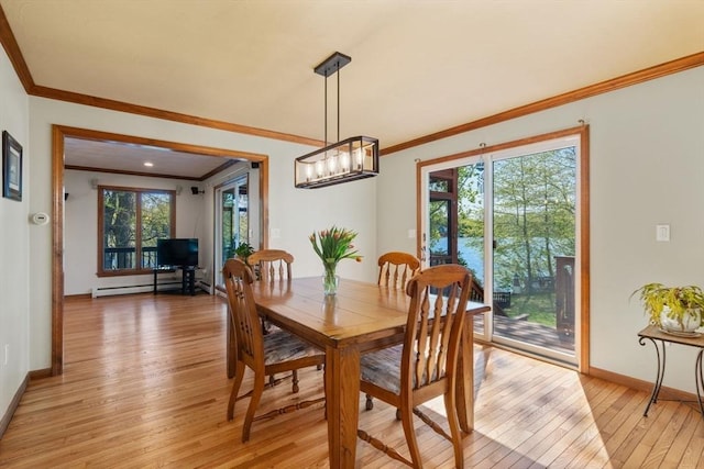 2 Lake Ave, Framingham, MA 01702 - dining space featuring light wood-style flooring, baseboards, ornamental molding, and a baseboard heating unit