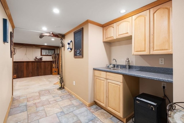 2 Lake Ave, Framingham, MA 01702 - kitchen featuring light brown cabinets, dark countertops, a sink, and recessed lighting