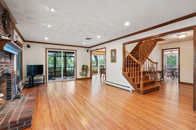 2 Lake Ave, Framingham, MA 01702 - unfurnished living room featuring baseboard heating, wood finished floors, a fireplace, stairway, and recessed lighting