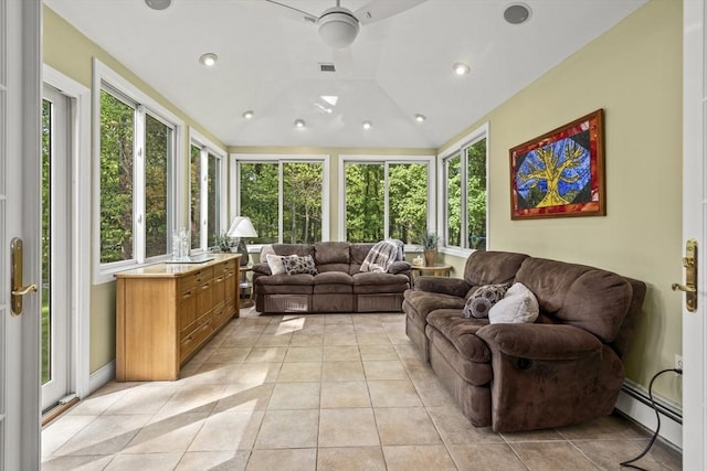 sunroom featuring a baseboard radiator, lofted ceiling, tile patterned floors, french doors, and recessed lighting