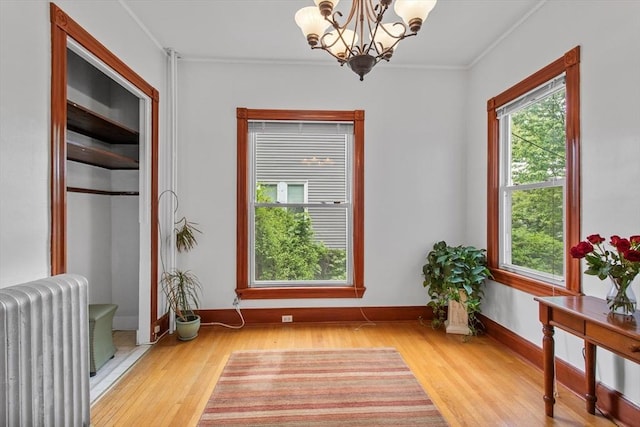 38 Torrey St, Boston, MA 02124 - dining space with radiator, crown molding, a chandelier, healthy amount of natural light, and wood finished floors