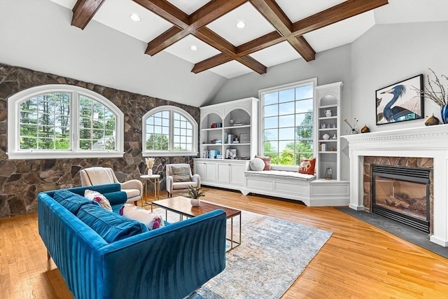 4 Worthen Rd, Winchester, MA 01890 - living area with a fireplace with flush hearth, wood finished floors, recessed lighting, and coffered ceiling