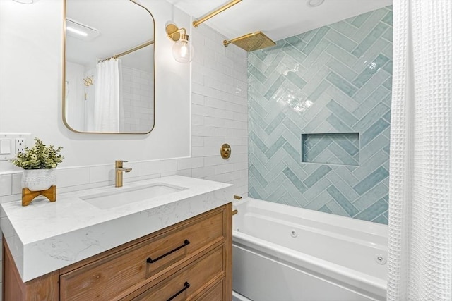 4 Worthen Rd, Winchester, MA 01890 - bathroom with shower / bath combo with shower curtain, vanity, and tile walls