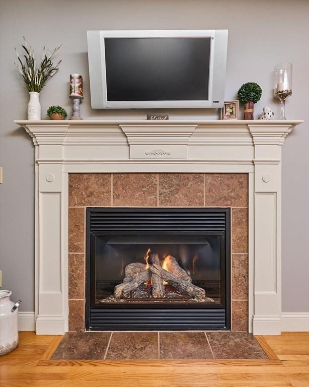 detailed view of wood finished floors, a fireplace, and baseboards