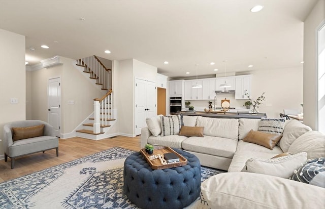 15 Mason Way Unit 73, Woburn, MA 01801 - living room with stairs, light wood-type flooring, recessed lighting, and healthy amount of natural light