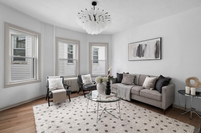 living area featuring an inviting chandelier, radiator, wood finished floors, and baseboards