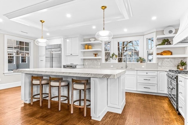 kitchen with a kitchen island, white cabinets, open shelves, a tray ceiling, and high end appliances