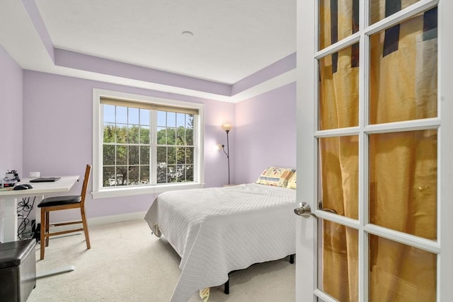 carpeted bedroom featuring a raised ceiling