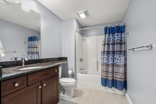 full bathroom with shower / bathtub combination with curtain, vanity, tile patterned floors, and toilet