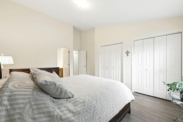 bedroom with two closets and wood finished floors