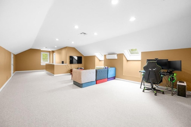 office area with carpet, an AC wall unit, lofted ceiling, baseboards, and recessed lighting