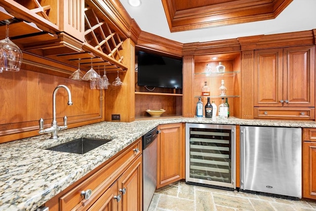 indoor wet bar featuring beverage cooler, stainless steel appliances, and crown molding