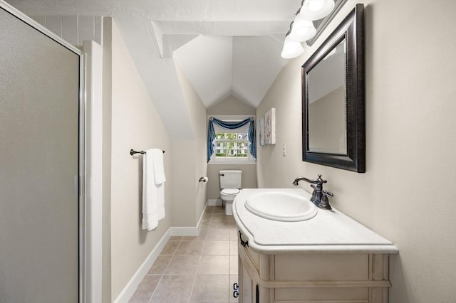 bathroom featuring vaulted ceiling, tile patterned flooring, toilet, a shower stall, and vanity