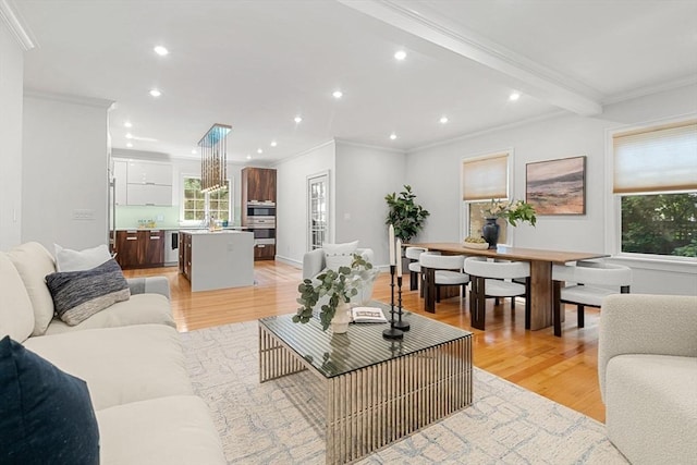 42 Coolidge St Unit 42, Brookline, MA 02446 - living area with light wood-type flooring, ornamental molding, and recessed lighting