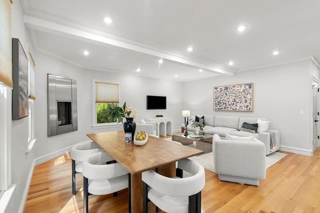 42 Coolidge St Unit 42, Brookline, MA 02446 - dining room with crown molding, light wood-style floors, recessed lighting, beamed ceiling, and baseboards