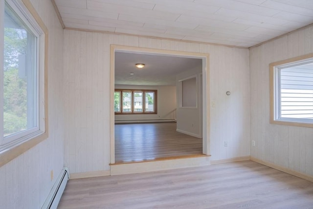 6 Marshall Rd, Beverly, MA 01915 - unfurnished room featuring wood finished floors, wooden walls, a baseboard radiator, and baseboard heating