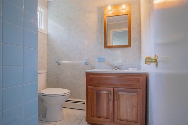 6 Marshall Rd, Beverly, MA 01915 - bathroom with baseboard heating, wallpapered walls, and vanity