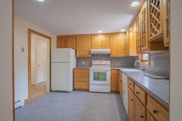 6 Marshall Rd, Beverly, MA 01915 - kitchen with white appliances, under cabinet range hood, a baseboard radiator, backsplash, and glass insert cabinets