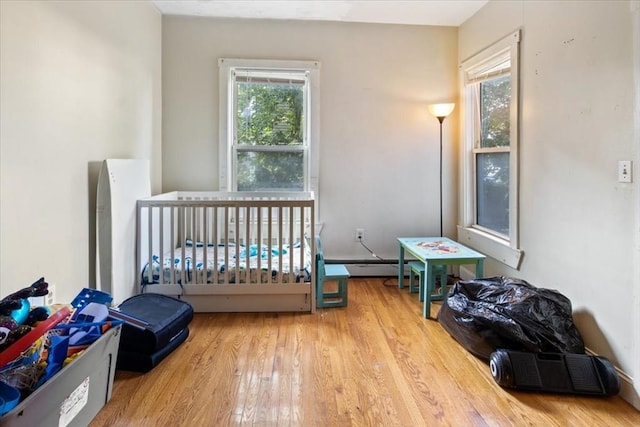 bedroom with multiple windows and wood finished floors