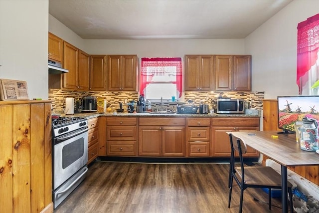kitchen featuring dark wood-type flooring, tasteful backsplash, stainless steel appliances, and a sink