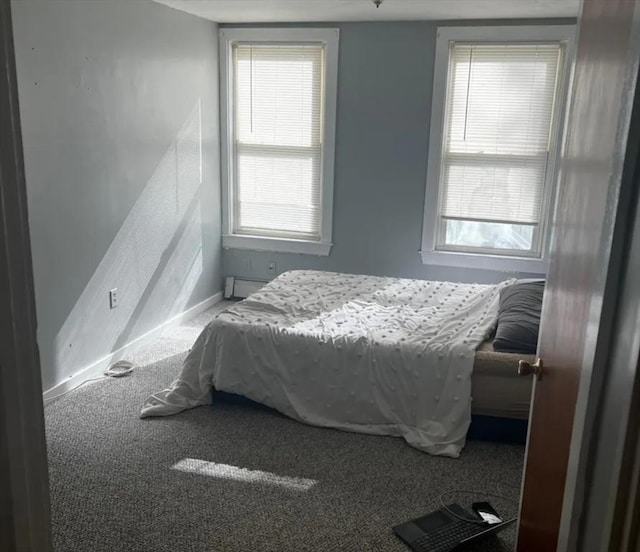 bedroom featuring carpet floors, multiple windows, and baseboards
